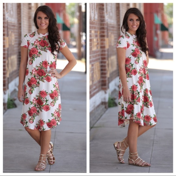 Infinity Raine Dresses & Skirts - Ivory Rose Floral Swing Midi Dress